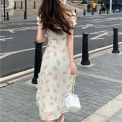 binfenxie Summer New Floral Printing Ruffles Irregular Slit Dress Lady Short Sleeve Sexy Fashion Slim Bow Robe One Word Collar Vestidos