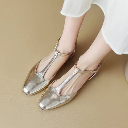 binfenxie Women Daily Flats With Low Heel T-Strap Shoes Woman Split Leather Mary Jane Elegant Spring Autumn Simple Shoes Round Toe Sandals