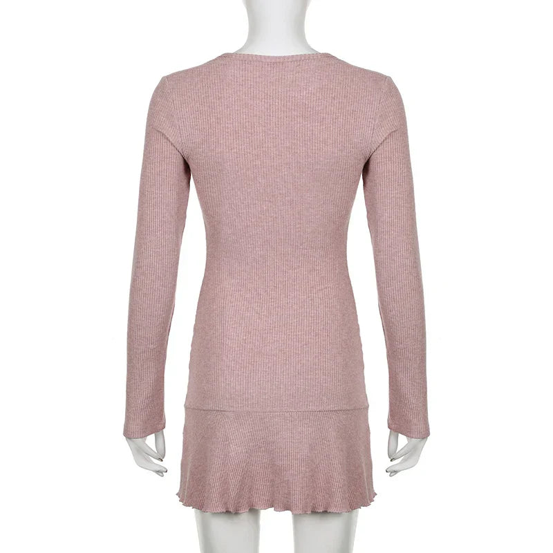 binfenxie Korean Square Neck Pink Autumn Dress Women Sweet Fold Coquette Clothes Slim Basic Knit Mini Dress Elegant Stylish New