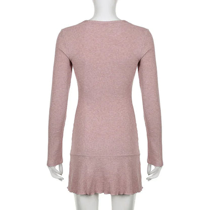 binfenxie Korean Square Neck Pink Autumn Dress Women Sweet Fold Coquette Clothes Slim Basic Knit Mini Dress Elegant Stylish New