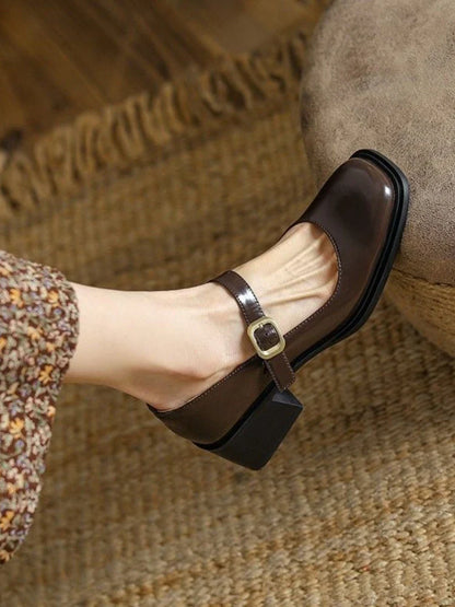 binfenxie  -   Autumn Solid Medium Heels Sandals Office Ladies Buckle Casual Korean Style Pumps Non Slip Soft Elegant Shoes Woman Vintage