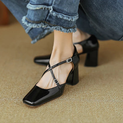 binfenxie Women Pumps 6 cm Mary Jane Shoes French Style  Patent Leather Sandals Buckle Spring Autumn Pumps Square Toe Lady Shoes