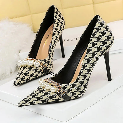 Shoes  Spring Women Pumps Pearl Metal Chain High-heels Checked Grain Stilettos Women Heels Luxury Banquet Shoes 43