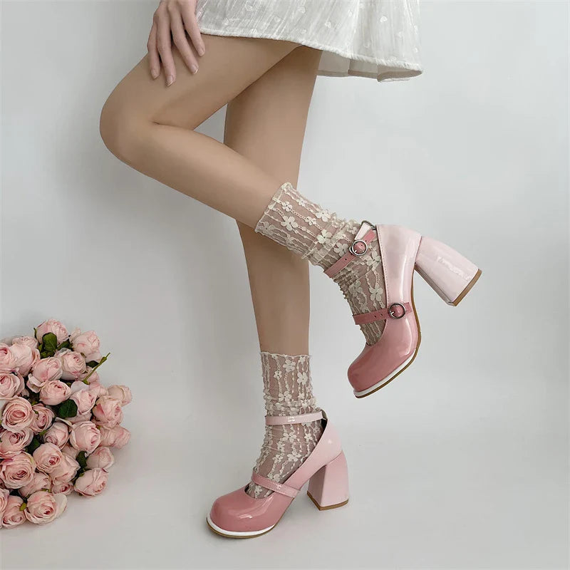 Y2K Patent Leather High Heels Pumps Women Autumn Ankle Straps Pink Lolita Shoes Woman Cute Thick Heeled Mary Janes Shoes