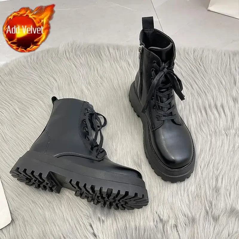 Footwear with Laces Women's Ankle Boots Combat Biker Short Shoes for Woman Lace-up Booties Platform Punk Style Chunky Boot Pu 39