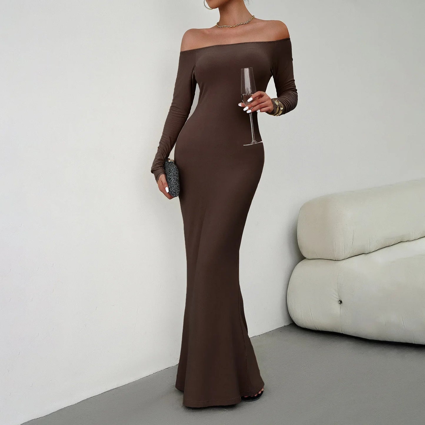 binfenxie Slash Neck Long-sleeved Sexy Dress Solid Autumn Dress for Women Elegant Party Evening Dress Slim Long Dresses Casual Bodycone