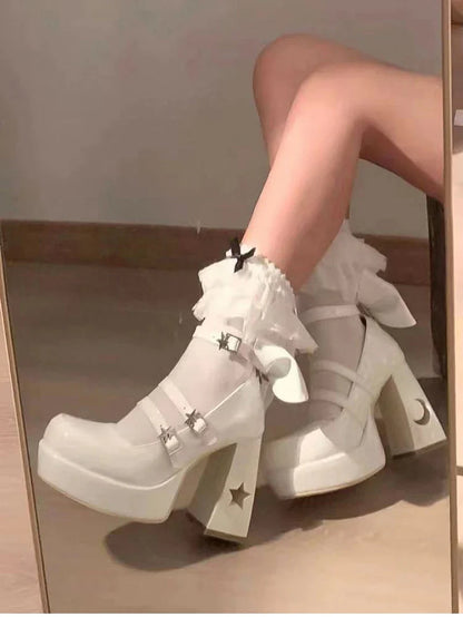 Futurecen Pumps Lolita Shoes Platform Mary Jane Shoes Star Buckle Strap Women Cross-tied Pu Leather Girls Rivet Casual Shoes kawaii