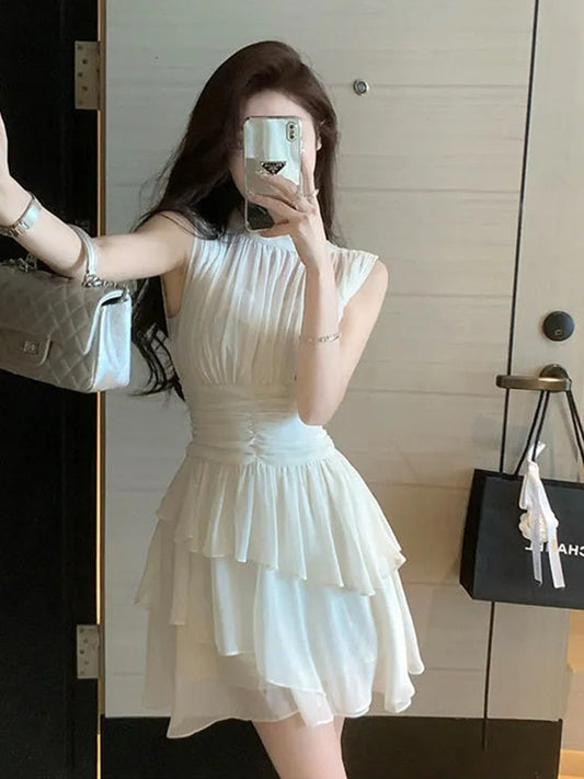 Chic And Elegant Dresses For Women  Summer Bodycon Chiffon Mini White Dress Cascading Ruffle Slim Fit Sleeveles Fairy Dress