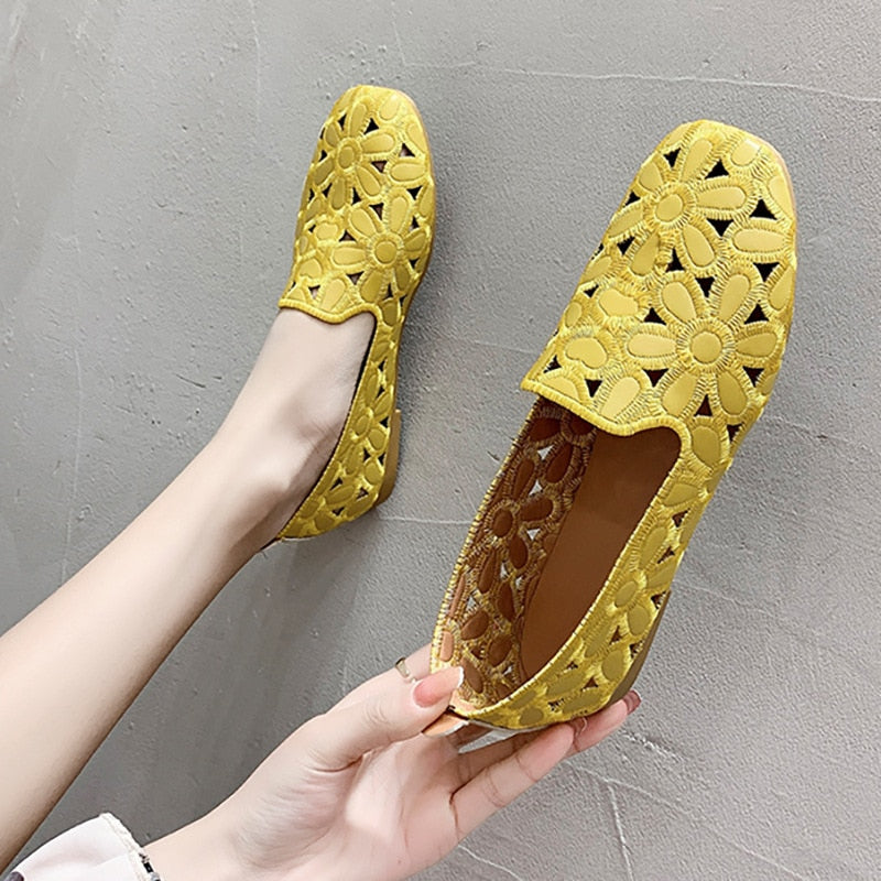 Women Flats Slip on Loafers Foldable Flats for Women Square Toe Single Shoes Hollow Out Fashion Party Casual Shoes for Ladies