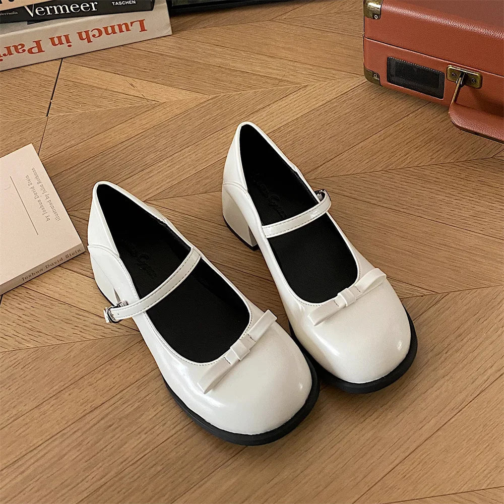 Futurecen  -  Women Mary Jane Pumps Ladies Chunky Heel Lolita Shallow Bow-knot Sandals Female Fashion Retro College Girl Sweet Round Toe Shoes