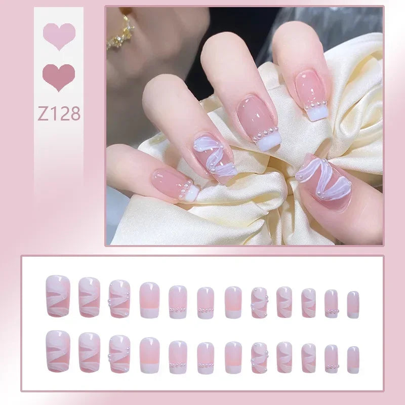 binfenxie 24pcs/box Fake Nails Press on Reusable with Designs Set French Artificial Aurora Diamond False Tipsy Stick-on Nails Tips Art