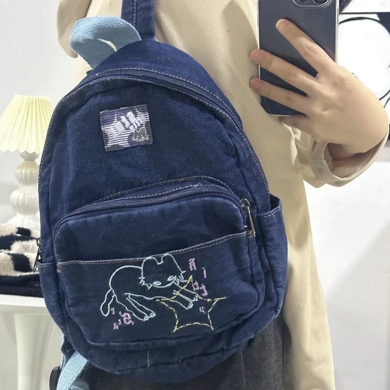 binfenxie 2024 New Denim Korean All Match Schoolbags Kawaii Women Students Vintage Trendy Backpacks Y2k Aesthetic Cartoon Preppy Handbags