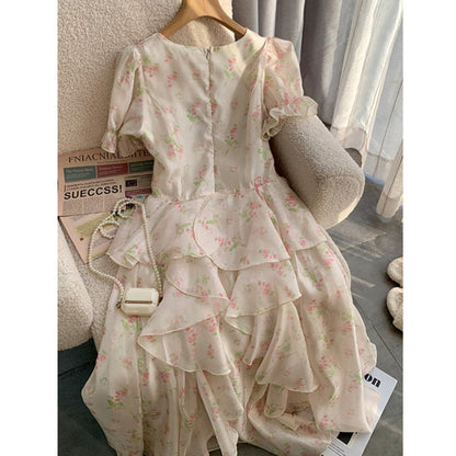 French Elegant Women Floral Dress Chiffon Evening Party Dress Fairy One Piece Dress Ruffles Patchwork Woman Vestidos