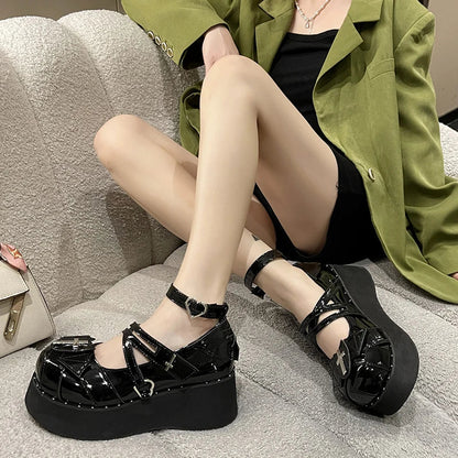 Futurecen Women's Gothic Mary Jane Shoes Metal Decoration Punk Lolita Platform Shoes Woman Cross Tied Wedges Y2K Pumps College Style