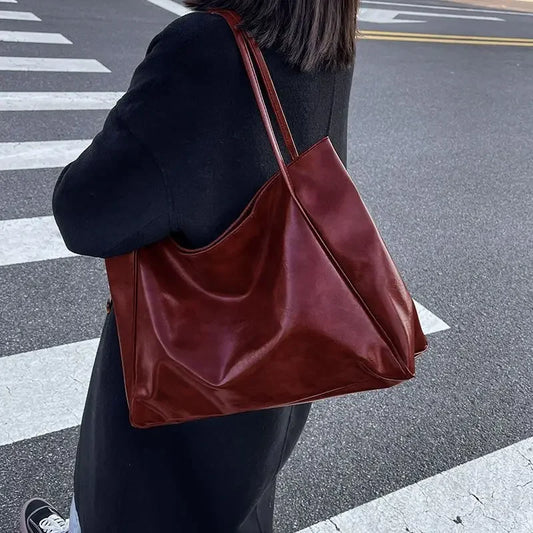 binfenxie  Vintage Red Women Tote Bag Athletic Casual Fashion Large Capacity Leather Shoulder Bag Shopper Harajuku Simple Handbag Sac