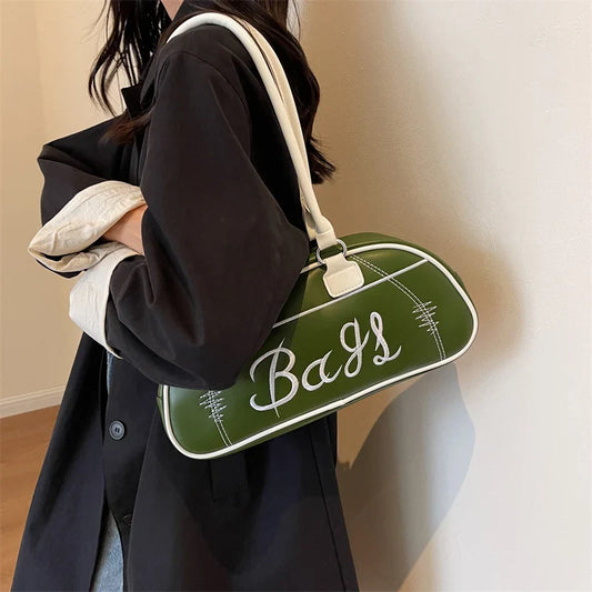 binfenxie Retro Bowling Shoulder Bags For Women Letter Embroidery Solid Color Long Handle Boston Bag Luxury Designer Handbags