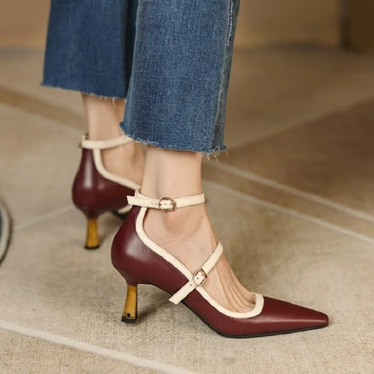 Futurecen NEW Spring/Summer Women Shoes Pointed Toe Thin Heel Pumps for Women Elegant Cow Leather Shoes sexy High Heels Elegant Mary Janes