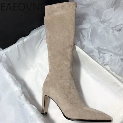 Winter Suede Long Boots Women Shoes Fashion Pointed Toe Knee High Bootties Ladies Sexy Thin High Heel Shoes