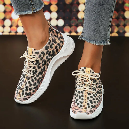 New Leopard Knitted Sneakers Women Lightweight Breathable Running Shoes Woman Non Slip Casual Flats Shoes Size 43