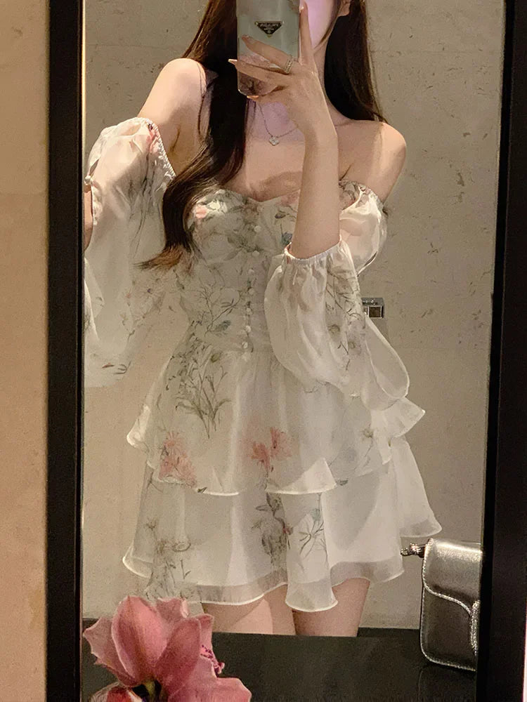 binfenxie Chiffon Dress for Women Long Sleeve Party French Style Dress Fairycore Floral Ruffles Square Collar New Spring Summer Dress