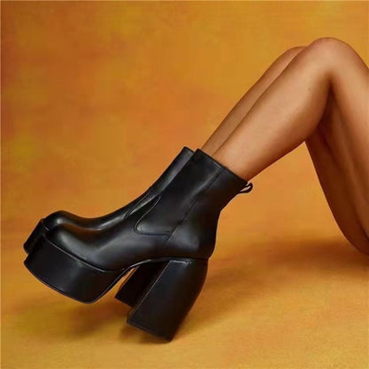 PU Leather Over-the-Knee Boots Women Punk Shoes Platform High-Heel Boots Chunky Motorcycle Black Autumn Mid-Calf Winter