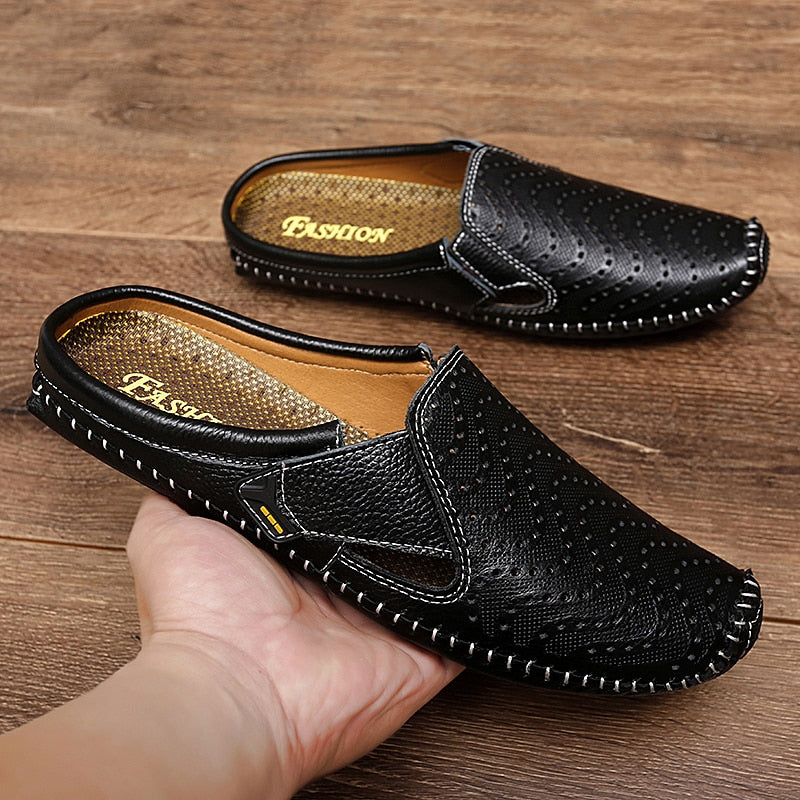 Summer New Genuine Leather Mens Half Slippers Breathable Casual Mules shoes Lightweight classic Non-slip driving flats Moccasins