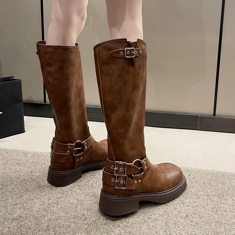 Fashion Belt Buckle Gothic Boots for Women Brown Thick Heels Knee High Combat Boots Woman Plus Size 42 Punk Long Botas Female