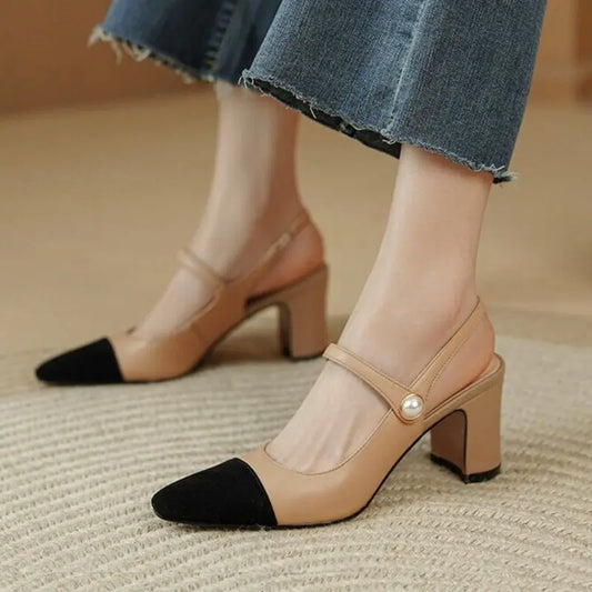 binfenxie Women Sandals French Style Modern Ladies Elegant Shoes Sheepskin Summer Sandals Slingbacks Spring Pumps On Heel 5 CM