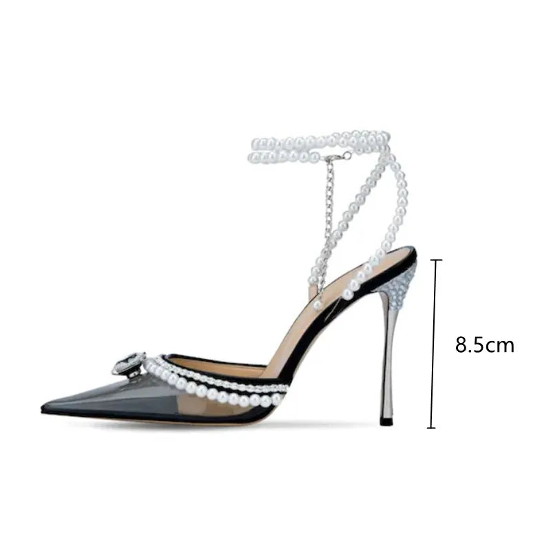 binfenxie Fashion Clear Plexiglass Women Sandals Crystal Pearls Ankle Strap High heels Gladiator Sandals Spring Summer Party Prom Shoes