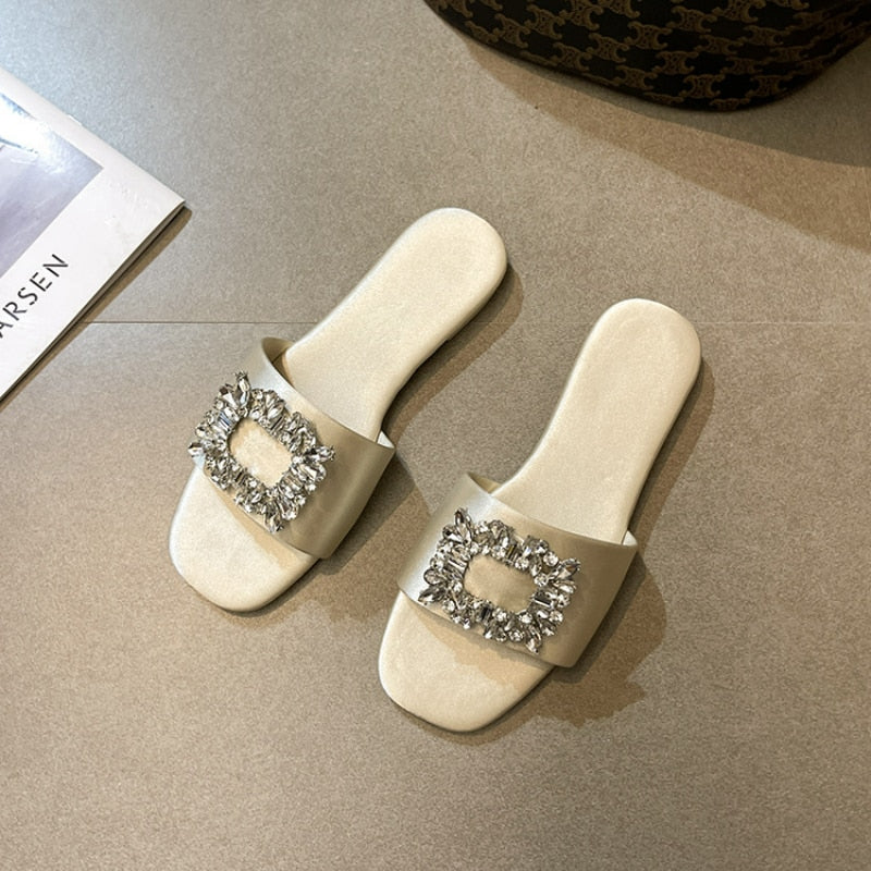 Summer New Square Rhinestones Satin Flat Slippers for Women Shoes Fashion Slides Comfort Light Sandals Female Silk Sandalia