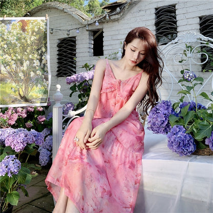 Summer Floral Strap Dress Women Elegant Pink Backless Long Formal Slip Dresses for Wedding Guest Bridesmaid Birthday Prom