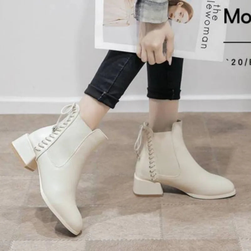 Short Shoes for Women Punk Style Booties with Laces Female Ankle Boots Elegant Medium Heels Footwear Lace-up Chelsea Combat Boot