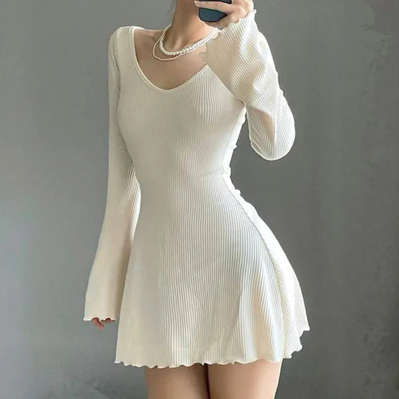 binfenxie Knitting Elegant Dress For Women Spring Fall Solid Color V Neck Office Lady Irregular Hem Simple Basic Slim Dresses