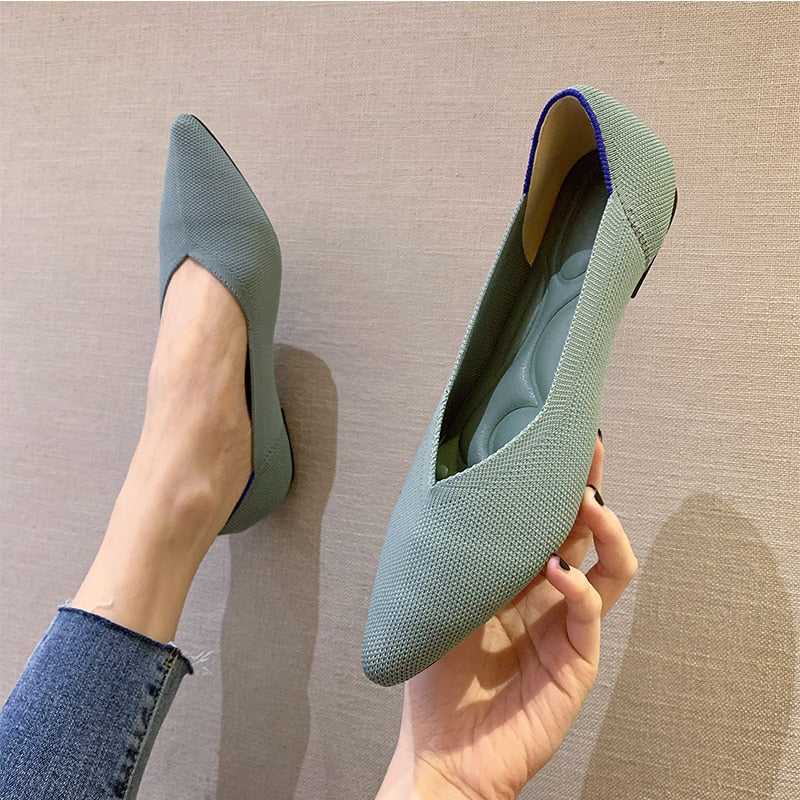 Women's Shoes Large 42 and 43 Spring and Autumn Fashion Knitted Breathable Non slip Pointed Flat Shoes