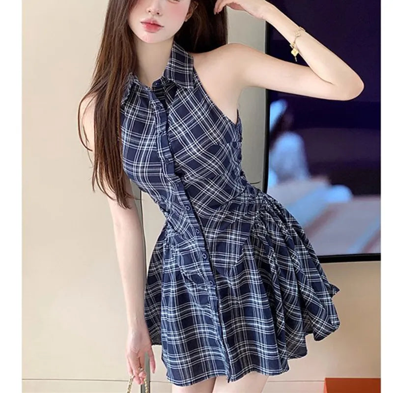 binfenxie Women Summer Plaid Sleeveless Mini Shirt Dress