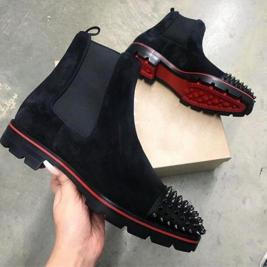 New Black Men Chelsea Boots Flock Rivet Square Toe Red Sole Punk Handmade Men Short Boots Free Shipping Bottes Pour Hommes