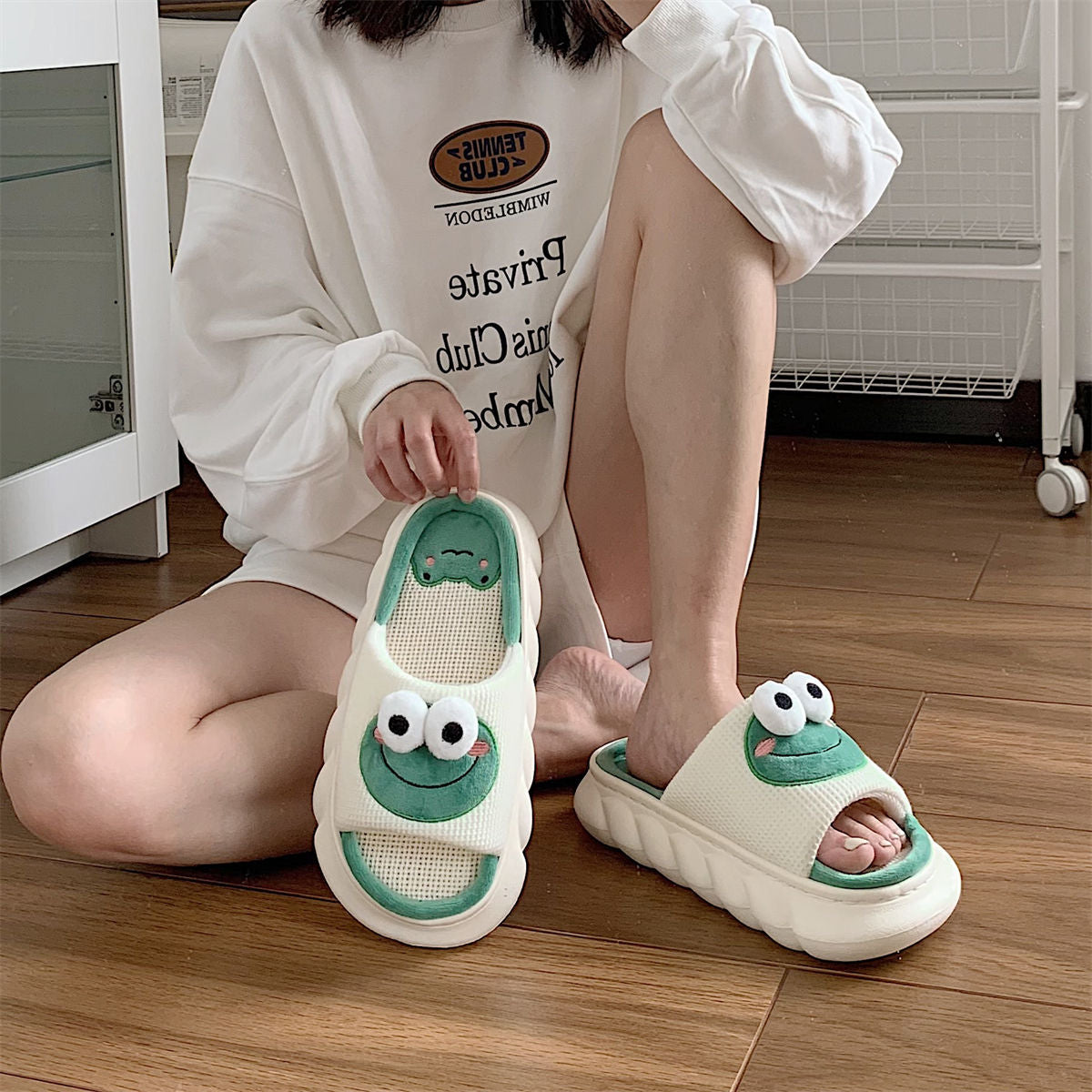 Thick Platform Home Slippers Women Linen Slippers Spring Summer Indoor Shoes Cartoon Animals Non Slip Outdoor Woman Slides