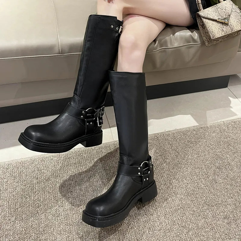 Fashion Belt Buckle Gothic Boots for Women Brown Thick Heels Knee High Combat Boots Woman Plus Size 42 Punk Long Botas Female