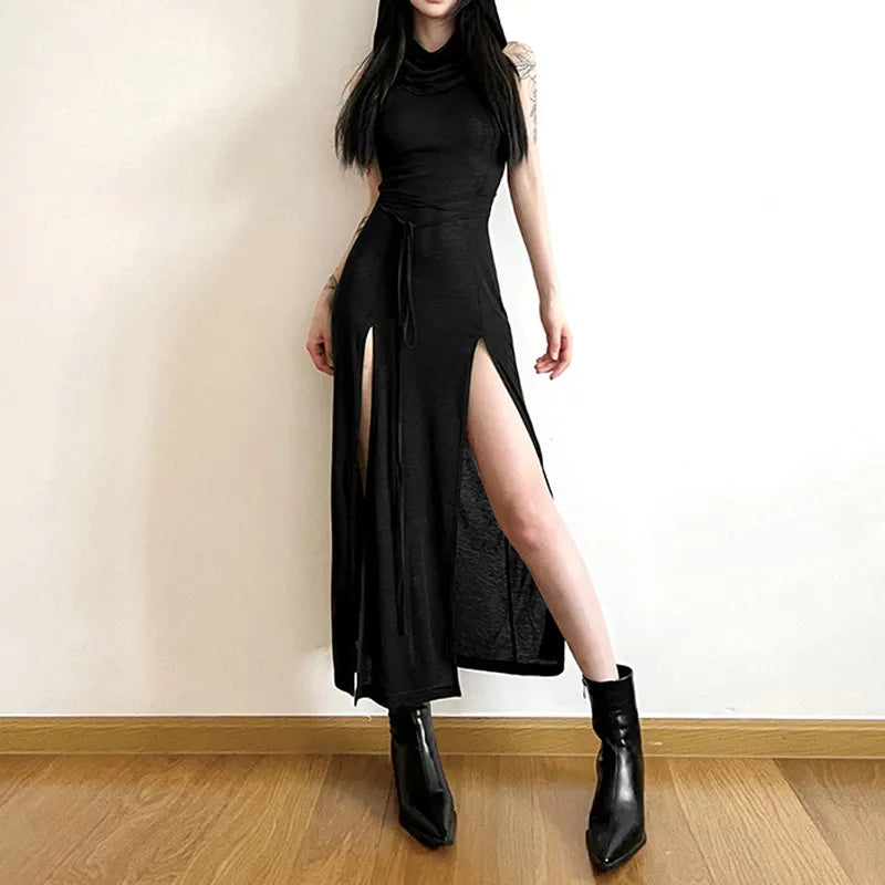 binfenxie Cyber Gothic Desert Walker Hooded Dresses Y2k Punk Grunge Hollow Out Midi Dress Women Sexy Split Side Solid Streetwear