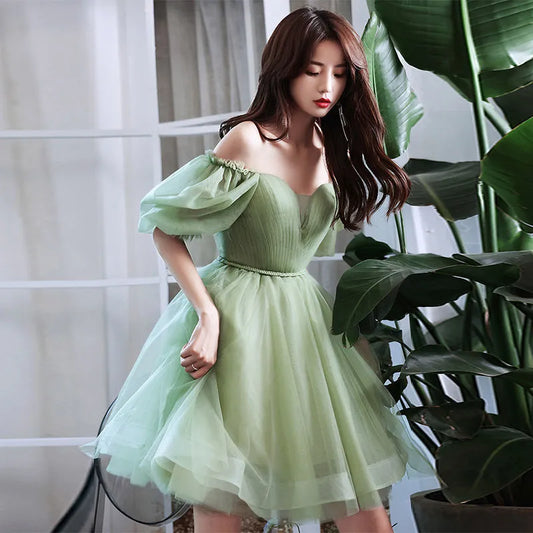 binfenxie Green Sweat Puff Sleeve Lady Girl Women Princess Bridesmaid Banquet Party Ball Prom Short Dress Gown Sexy Bandeau Backless Club