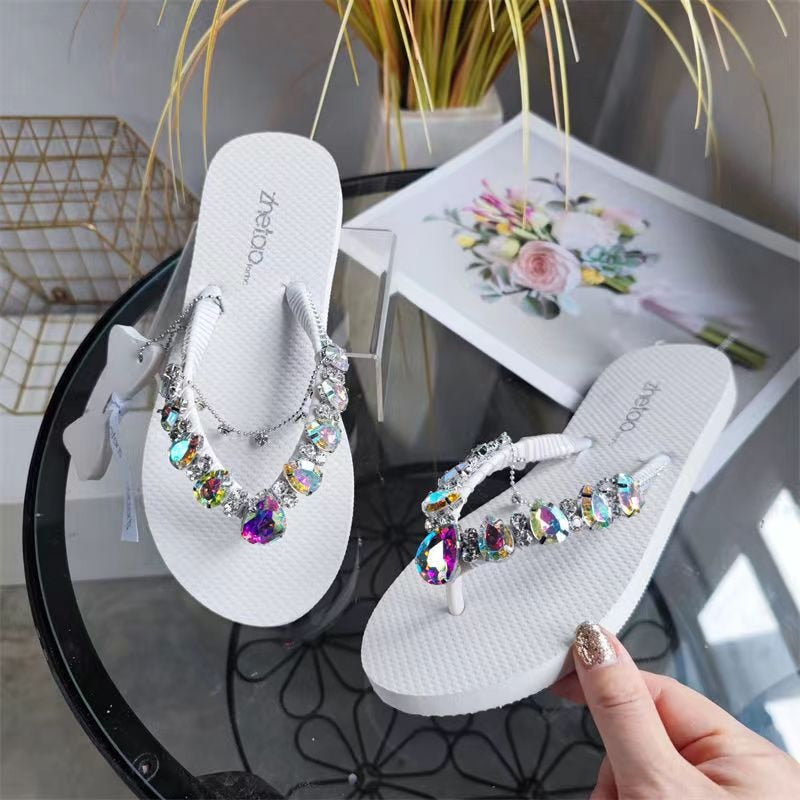 Women Comfortable Beach Shoes Non-slip Soft Bottom Casual Flip Flops Rhinestone Chain Decoration Summer Flat Slippers