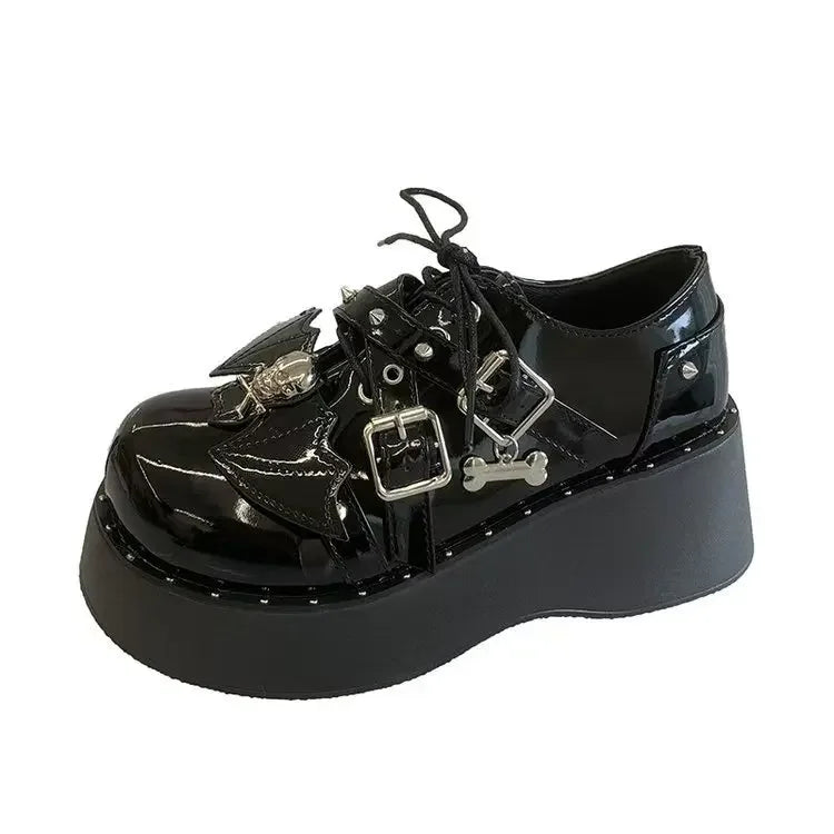 Futurecen  -  Metal Chain Patent Leather Punk Pumps Women Lace-up Designer Chunky Platform Cosplay Shoes Woman Black Gothic Lolita Shoes