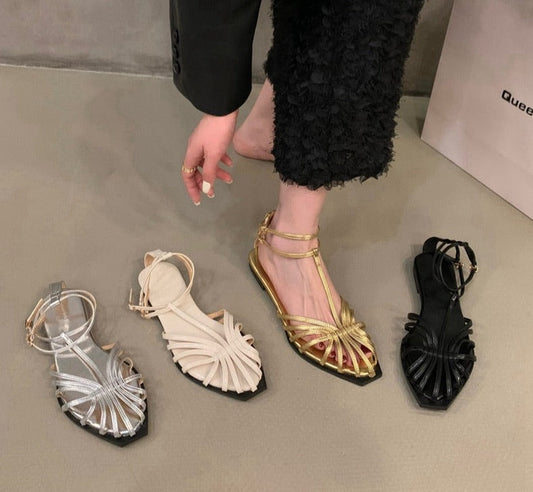 Summer Flat Heel Women Sandal Fashion New Brand Gold Narrow Band Ladies Slingback Shoes Ankle Srtrap Dress Slides