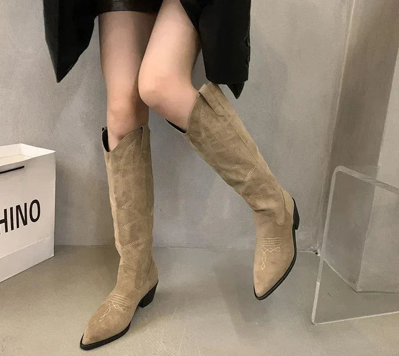 Woman Cowgirl Boots Fashion Slip On Ladies Elegant Square Low Heel Knee High Boots Shoes Women's Winter Footwear