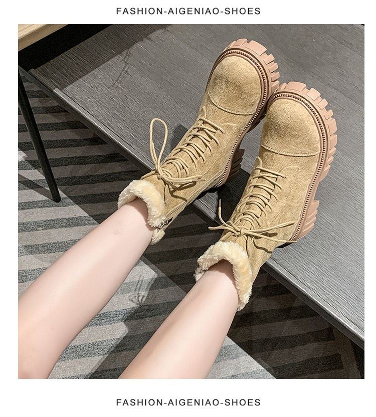 Winter Boots Lady Boots-Women Lace Up Australia Female Shoes Luxury Designer Round Toe Mid-Calf Snow Fashion Rubber Mid Cal