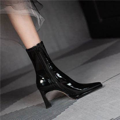 Women's Boots High Heels Half Footwear White Pointed Toe Elastic Shoes for Woman Mid Calf Elegant Heeled  New Spring Pu Y2k