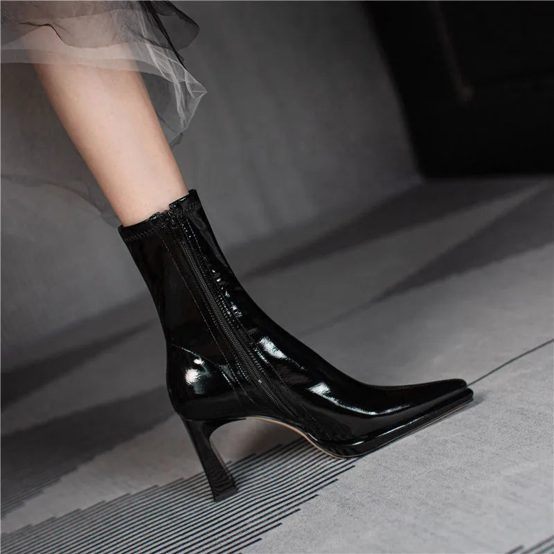 Women's Boots High Heels Half Footwear White Pointed Toe Elastic Shoes for Woman Mid Calf Elegant Heeled  New Spring Pu Y2k