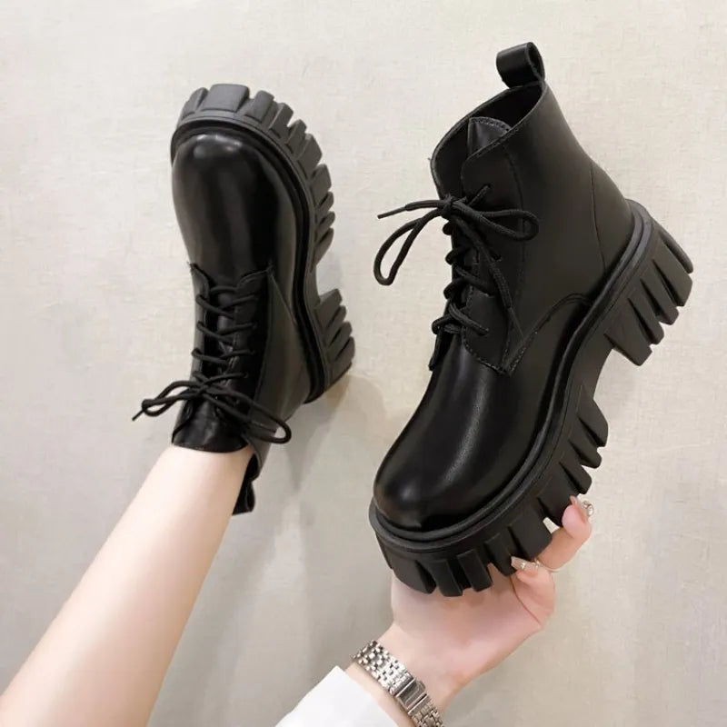 White New Women Ankle Boots  Autumn Winter Platform Zipper Women Punk Boots Thick Sole Lace Up Combat Booties Female Mujer