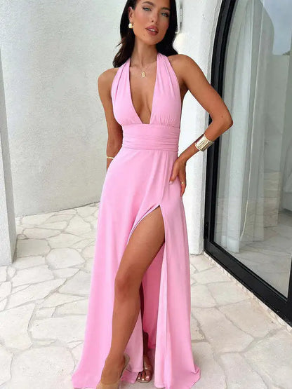 Elegant Sleeveless Open Back High Split Dress Women Slim Lace Up Evening Dress Female Elegance Club Party Vestidos