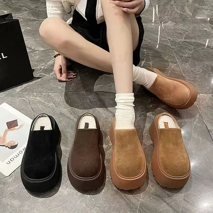 binfenxie  -  Winter Platform Flats Women Warm Fur Mules Slippers Fashion Slip on Slides Comfort Casual Home Female Cotton Shoes